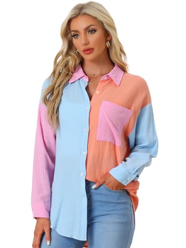 Allegra K Women's Color Block Button Down Shirt Long Sleeve